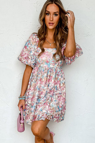 Pink Floral Lantern Sleeve Square Neck Ruffled Mini Dress - Alleure