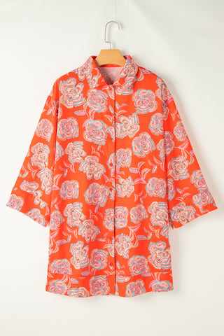 Orange Floral Loose Shirt Dress