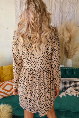 Brown Casual Crew Neck Long Sleeve Leopard Print Dress - Alleure