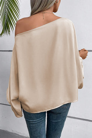 Silky Blouse Asymmetrical Neckline Lantern Sleeves - 2 Colors