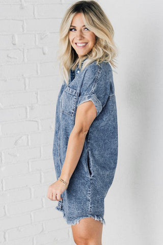 Wholesale Blue Mineral Wash Cuffed Sleeve Frayed Hem Denim Dress - Alleure