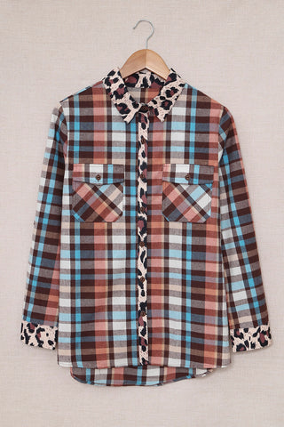 Multicolor Plaid Leopard Trim Blouse