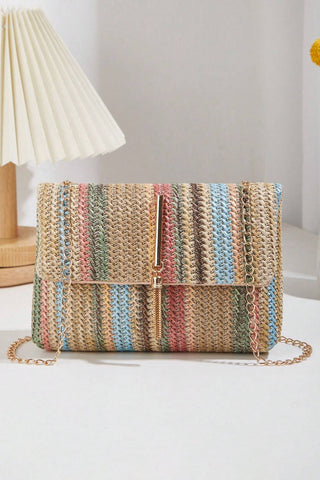 Camel Woven Striped Flapped Single Shoulder Bag - Alleure