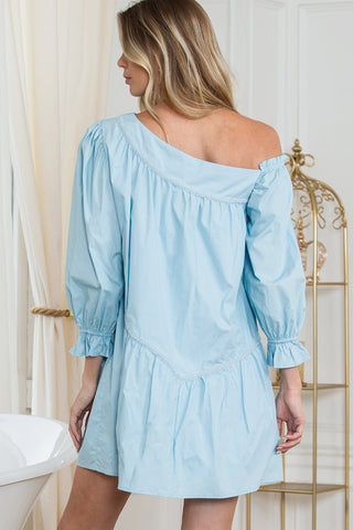 Wholesale Sky Blue Puff Sleeve Asymmetric Pleated Flowy Mini Dress - Alleure