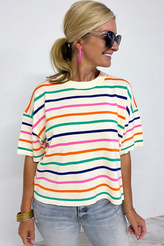 Striped Short Sleeve Loose Fit Knit with Dropped Shoulder