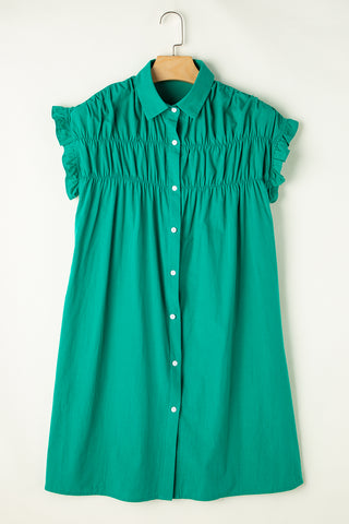 Green Shirt Dress Shirred Bodice & Ruffle Sleeves