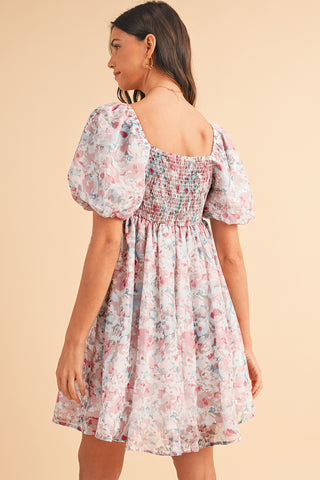 Pink Floral Lantern Sleeve Square Neck Ruffled Mini Dress - Alleure