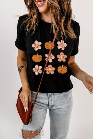 Black Pumpkin Flower Print Short Sleeve T Shirt