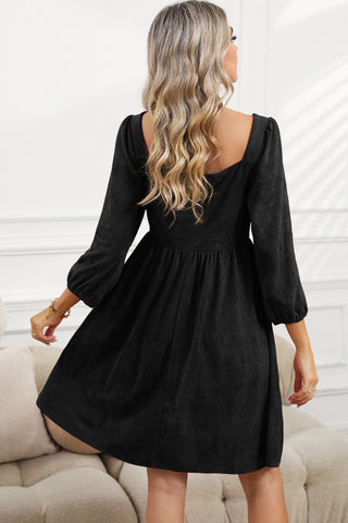 Black Washed Square Neck High Waist Flared Short Dress - Alleure