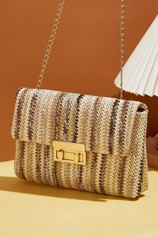 Camel Woven Striped Flapped Single Shoulder Bag - Alleure