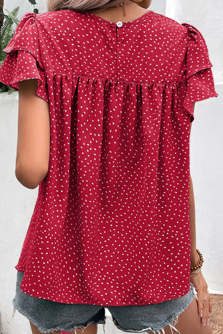 Fiery Red Spotted Print Pleated Ruffle Sleeve Blouse - Alleure