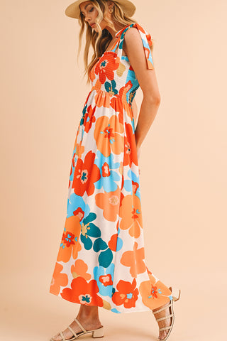 Orange 60s Floral Printed Shoulder Tie Smocked Maxi Dress - Alleure