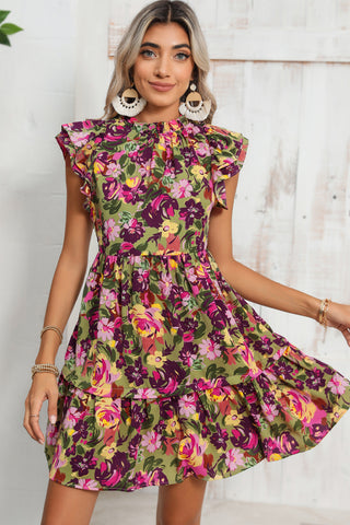 Green Floral Print Flutter Shoulder Ruffled Mini Dress - Alleure