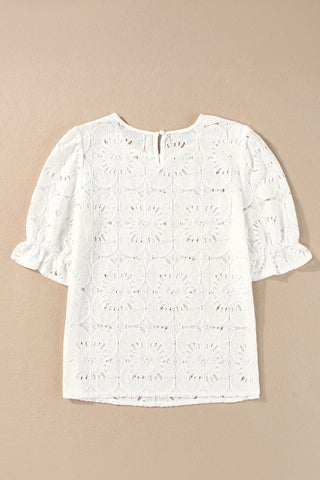 White Flower Eyelet Jacquard Keyhole Puff Sleeve Blouse - 3 Colors