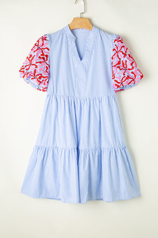 Sky Blue Stripe Floral Puff Sleeve Ruffle Tiered Dress - Alleure