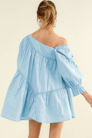 Wholesale Sky Blue Puff Sleeve Asymmetric Pleated Flowy Mini Dress - Alleure