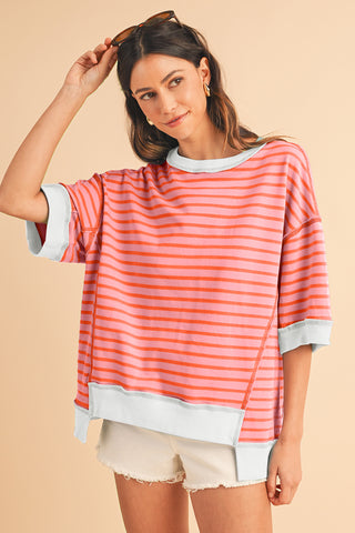 Black Stripe Contrast Trim Drop Sleeve Loose Top - Alleure