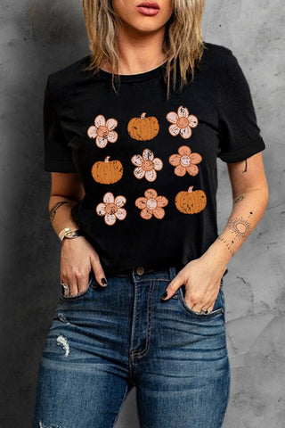 Black Pumpkin Flower Print Short Sleeve T Shirt