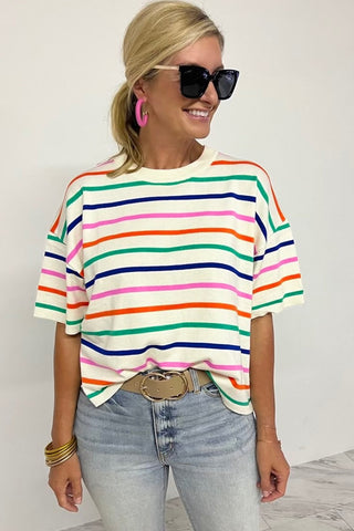 Striped Short Sleeve Loose Fit Knit with Dropped Shoulder