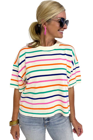 Striped Short Sleeve Loose Fit Knit with Dropped Shoulder