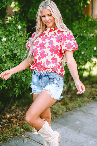 Floral Blouse with Puff Sleeves Frill Neckline