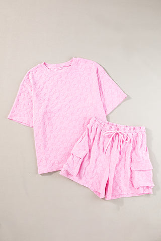 Textured Flower Imprint Loose Fit Tee and Drawstring Shorts Set - 2 Colors