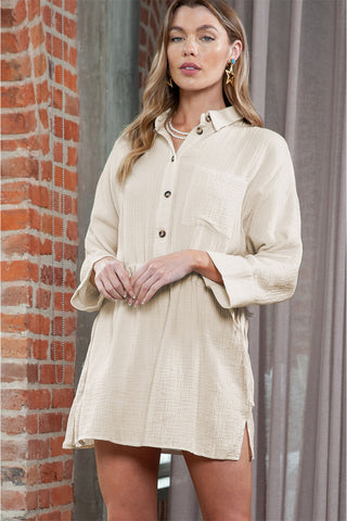 Wholesale Beige Cotton Solid Color Buttoned Closure Long Sleeve Casual Dress - Alleure