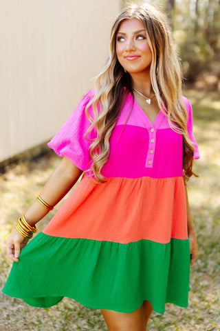 Wholesale Multicolor Color Block Tiered Puff Sleeve Dress - Alleure