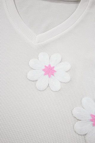 White Flower Applique Waffle Knit V Neck Top