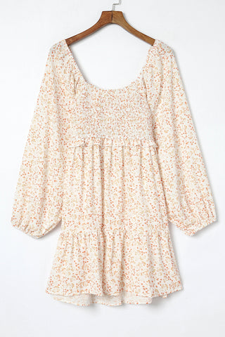 Apricot Boho Floral Smocked Puff Sleeve Short Dress - Alleure