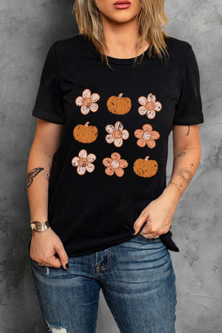 Black Pumpkin Flower Print Short Sleeve T Shirt