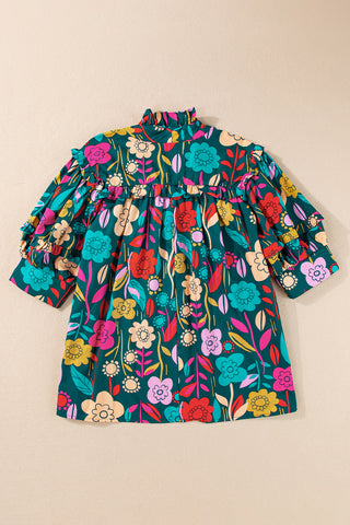 Bright Floral Print Blouse with Puff Sleeves & Tied V Neck