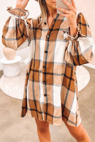 Khaki Plaid Pattern Collared Neck Ruffled Sleeve Shirt Dress - Alleure