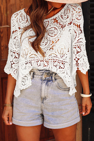 Oatmeal Hollowed Macrame Lace Crochet Bohemian Blouse - Alleure