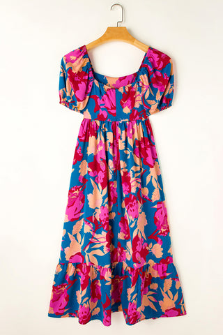 Dark Blue Square Neck Bubble Sleeve Ruffle Hem Floral Dress - Alleure