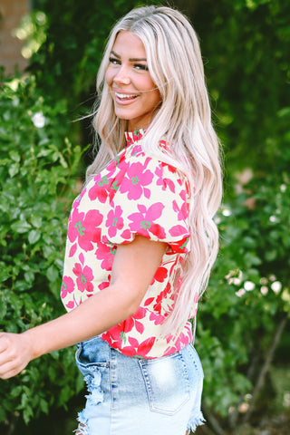 Floral Blouse with Puff Sleeves Frill Neckline