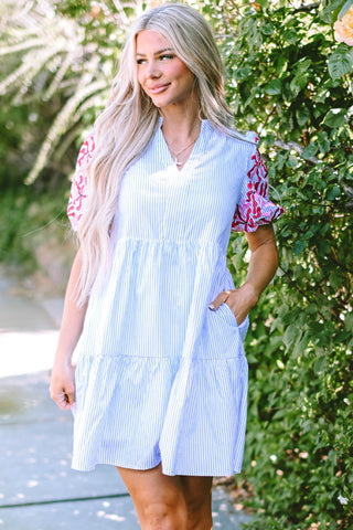 Sky Blue Stripe Floral Puff Sleeve Ruffle Tiered Dress - Alleure