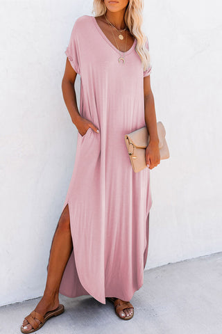 Pink Solid Color Hidden Pocket V Neck Slit Maxi Dress - Alleure