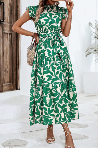 Green Leaf Print Tiered Ruffle Sleeves