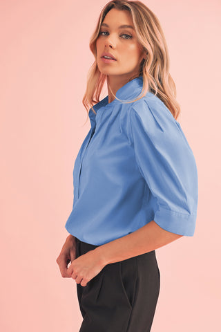 Blue Blouse with Pleats & Puff Sleeves