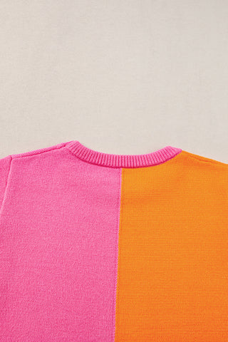 Orange Pink Colorblock Knit Cap Sleeve Top