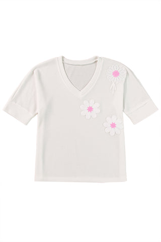 White Flower Applique Waffle Knit V Neck Top