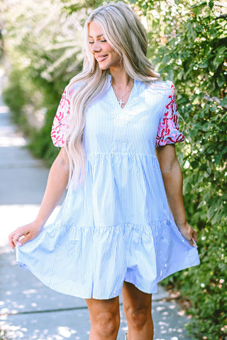 Sky Blue Stripe Floral Puff Sleeve Ruffle Tiered Dress - Alleure