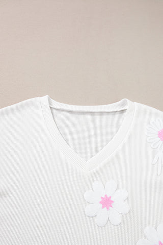 White Flower Applique Waffle Knit V Neck Top