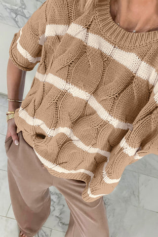 Beige & Cream Striped Twist Cable Knit Top