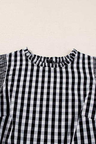 Checkered Blouse with Ruffle Trim Sleeves