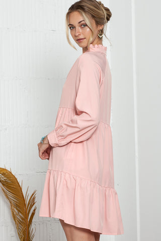 Pink Casual Stand V Neck Short Frill Dress - Alleure