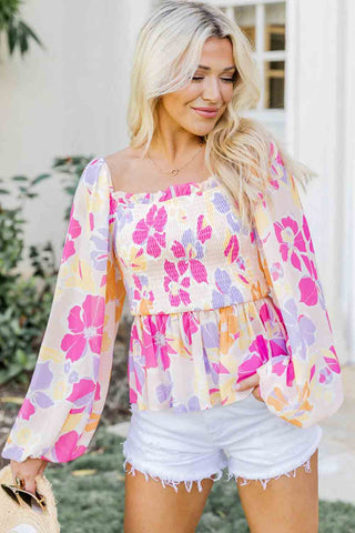 Floral Blouse with Shirred Bodice & Long Puff Sleeves