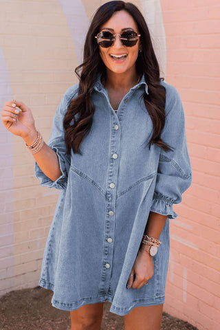 Light Blue Casual Buttoned Ruffle Denim Short Dress - Alleure