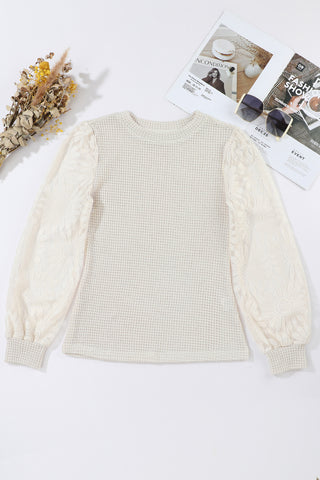 Waffle Knit Top Sunflower Detail Long Sleeves - 2 Colors